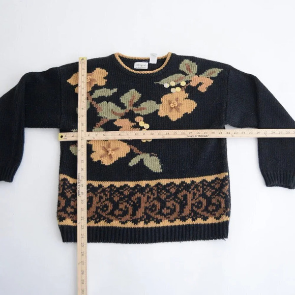 Vintage DB sport by David Benjamin Black Knit w Floral & Coins Design Sweater L - Picture 4 of 12